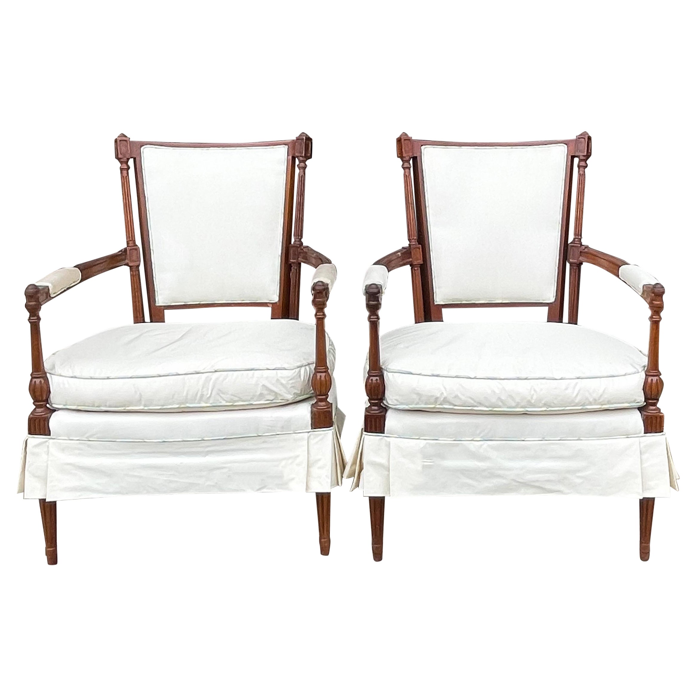 1960s French Style Carved Mahogany Skirted Bergere Chairs, Pair For Sale