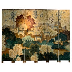 Vintage Art Deco Style Lacquer Painted and Wood Screen with Deer, Late 20th Century