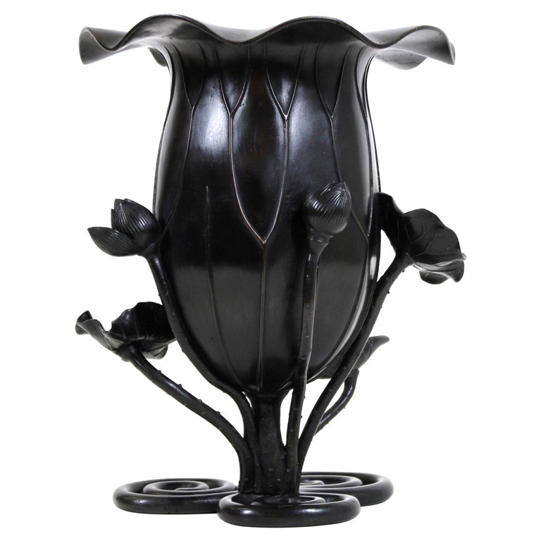 Japanese Meiji Black Bronze Lotus Vase For Sale