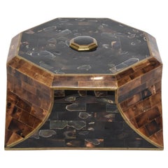 Maitland Smith Horn, Abalone and Wood Hinged Octagonal Box Retro