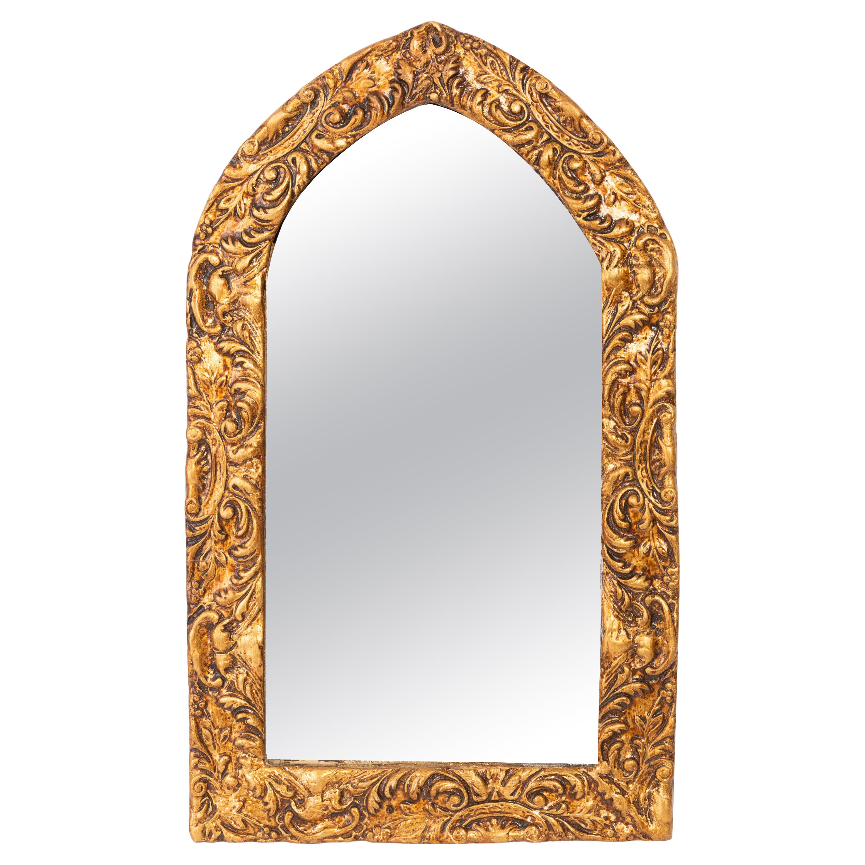 Midcentury Vintage Old Gold Wood Medium Mirror with Flowers, Italy, 1960s