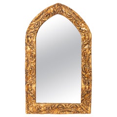 Midcentury Antique Old Gold Wood Medium Mirror with Flowers, Italy, 1960s