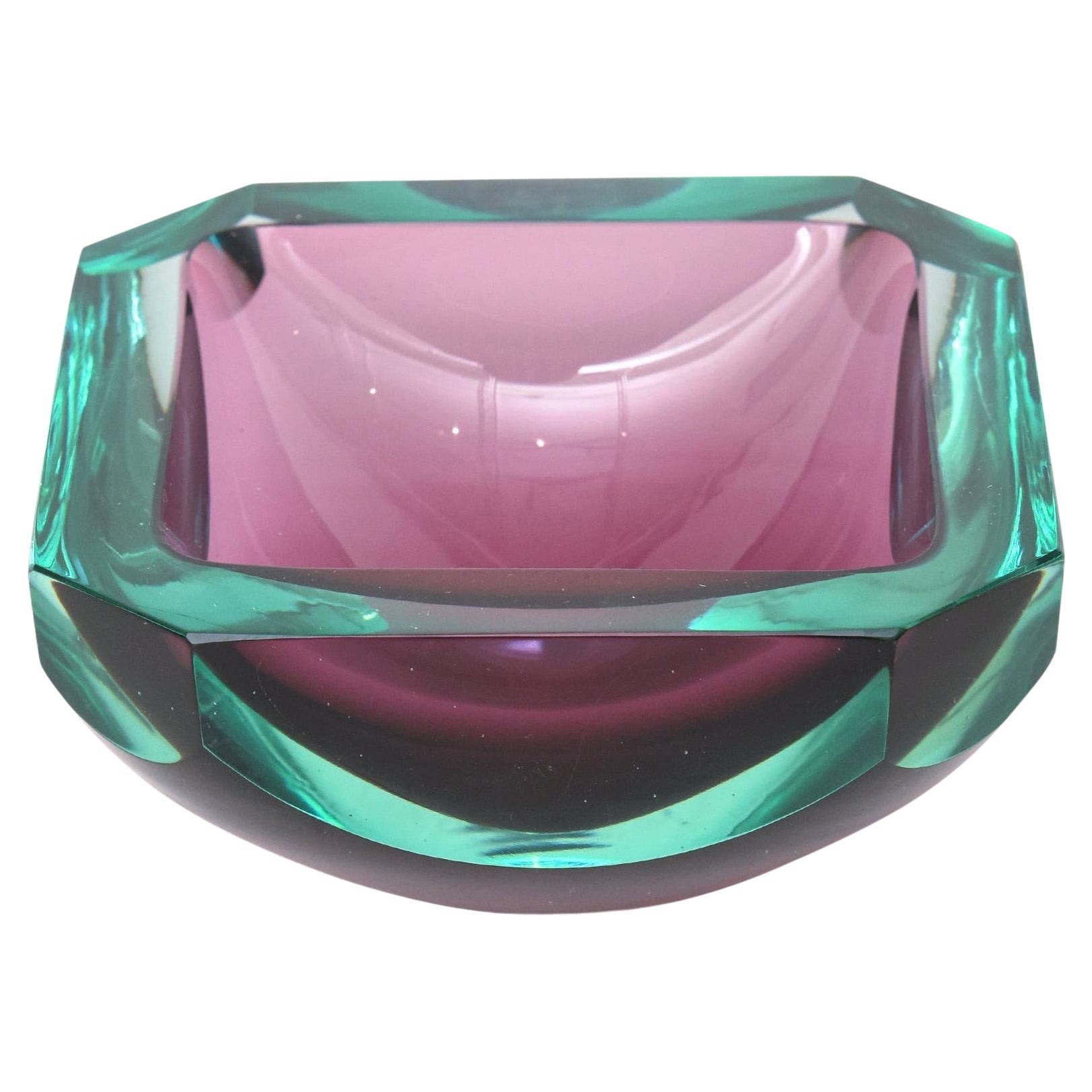 Murano Mandruzzato Jewel Toned Emerald Green, Purple Faceted Glass Bowl Italian For Sale