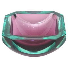 Murano Vintage Jewel Toned Emerald Green and Purple Faceted Glass Bowl Italian
