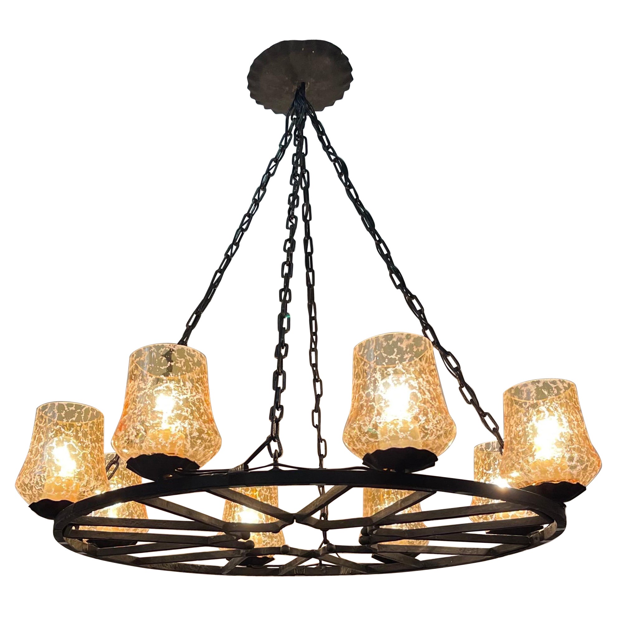 French Wrought Iron and Amber Glass Chandelier, circa 1950s