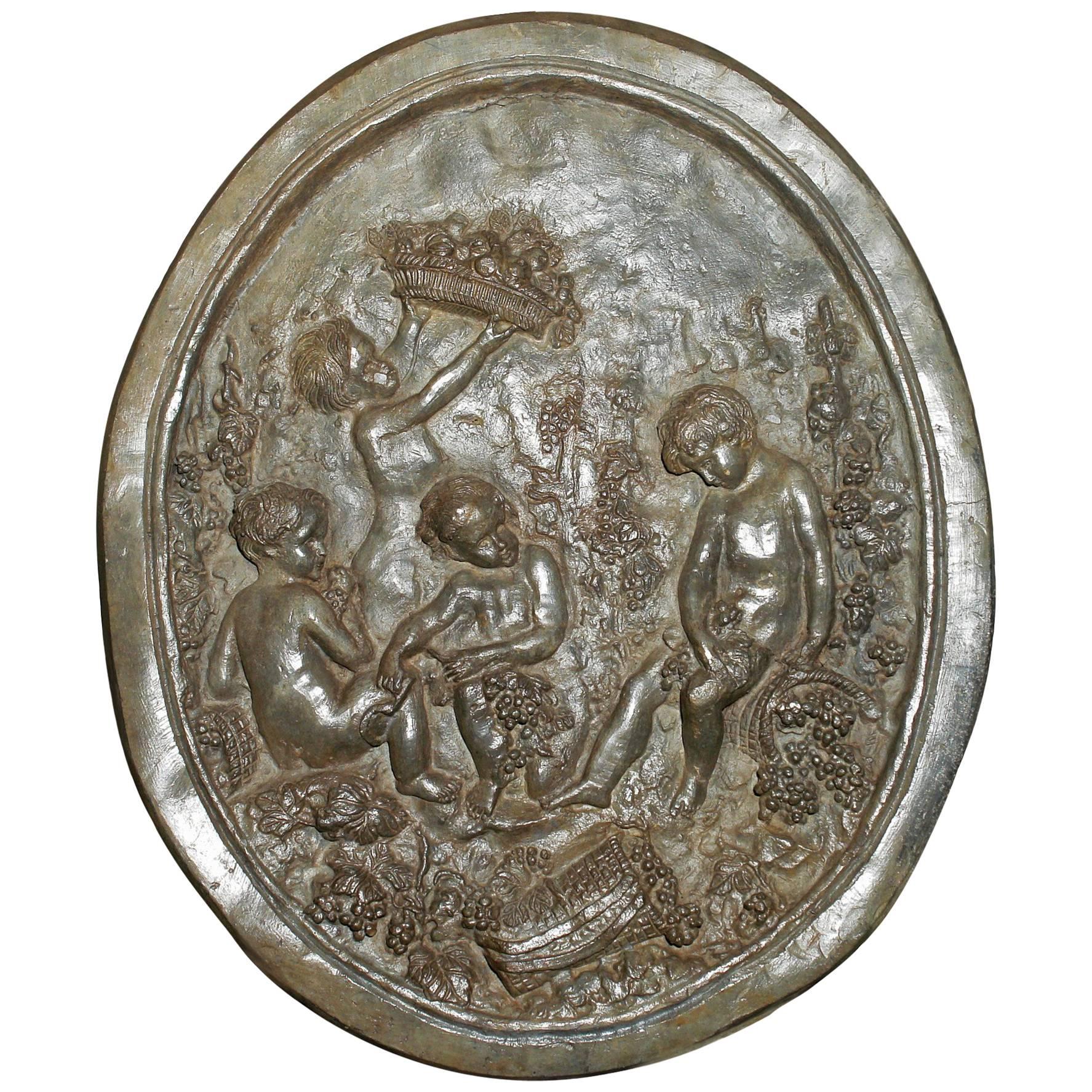 French Lead Plaque with Children Picking Grapes, Fruit & Vegetables 18th Century For Sale