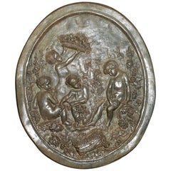 French Lead Plaque with Children Picking Grapes, Fruit & Vegetables 18th Century