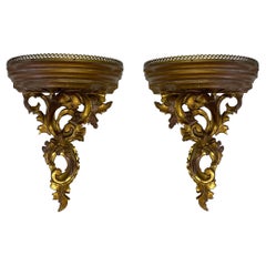 Retro Italian Carved Giltwood Rococo Style Wall Brackets with Brass Gallery