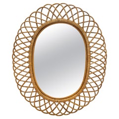 Midcentury Curved Rattan and Bamboo Italian Double Framed Oval Mirror, 1960