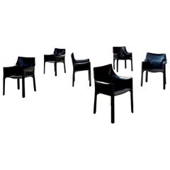 Mario Bellini 413 "CAB" Black Leather Chairs for Cassina, 1977, Set of 6