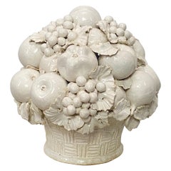 Italian White Glazed Ceramic Fruit Basket Life Size Sculpture, Artist Signed