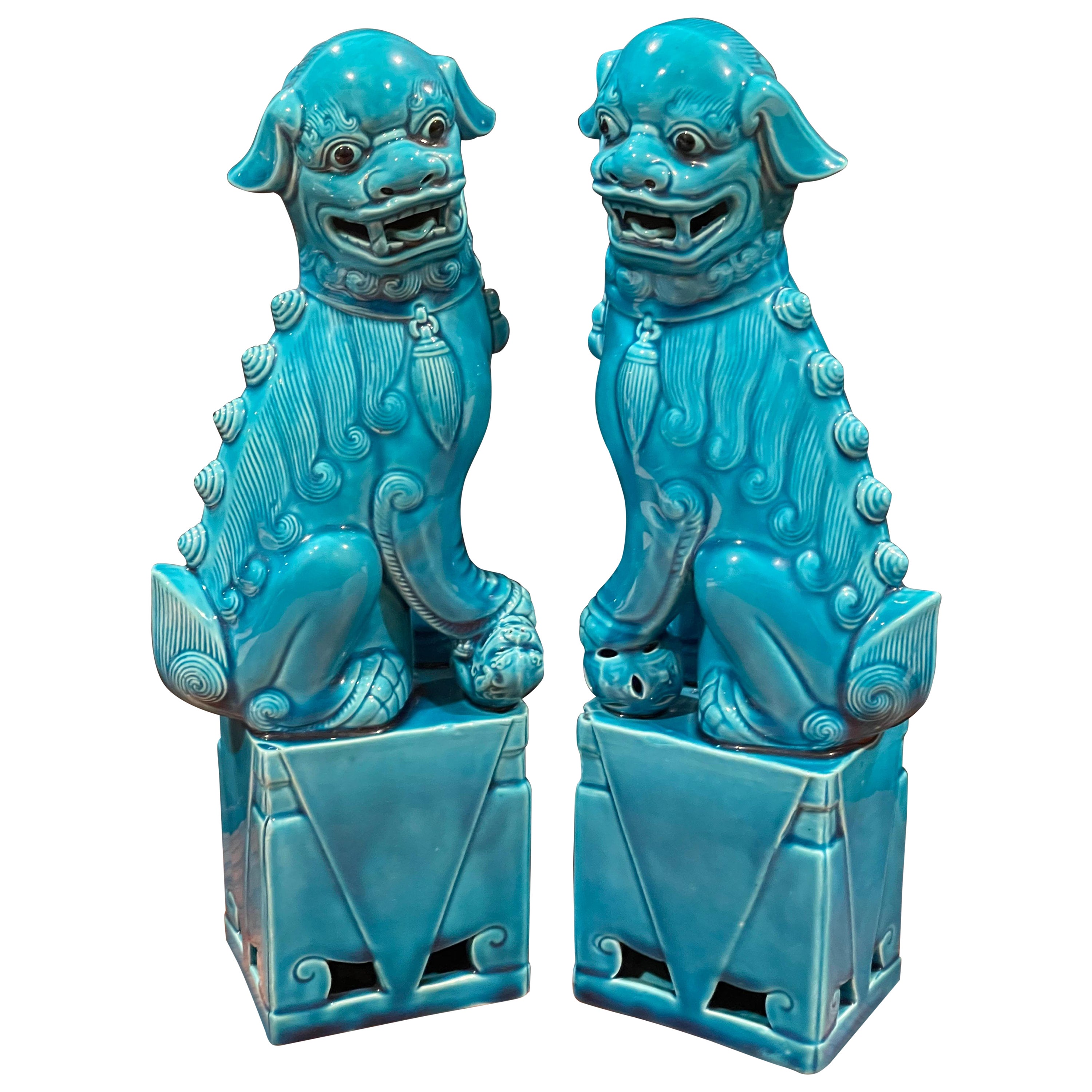 Pair of Midcentury Turquoise Blue Ceramic Foo Dog Sculptures