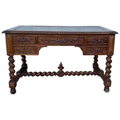 19th Carved Oak Renaissance Style Desk with Leather Top and Two Leaves