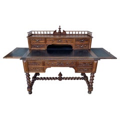 19th Carved Oak Renaissance Style Desk with Leather Top, Leaves and Gallery