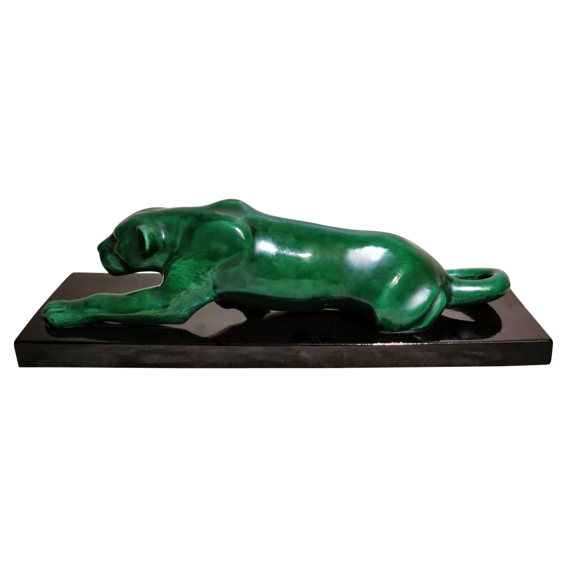 Art Deco Saint Clement Style Panther in Antique Green Ceramic Glazed France