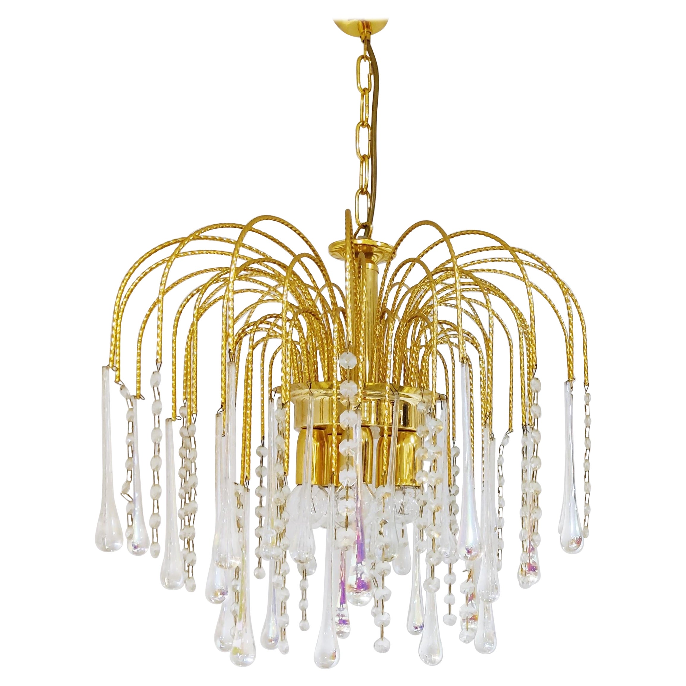 Vintage Brass Teardrop Chandelier with Crystal Murano Glass, 1970's