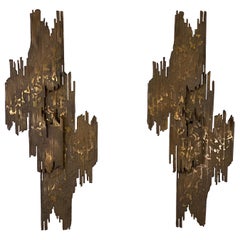 Pair of Large Brutalist Bronze Wall Sconces, circa 1970s