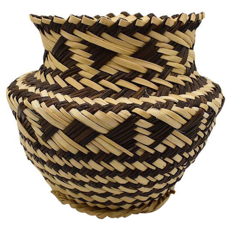 Woven Tribal Basket Vase in Brown and Black