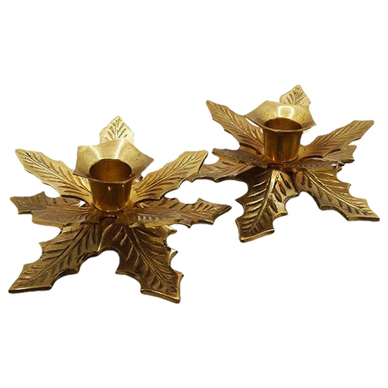 Brass Poinsettia Candle Holders, a Pair
