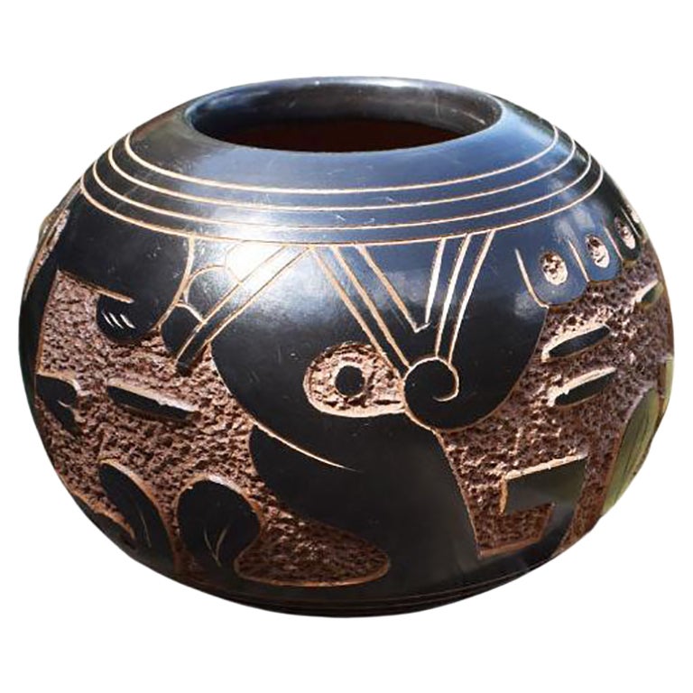Native Clay Carved Black and Brown Seed Pot, Signed