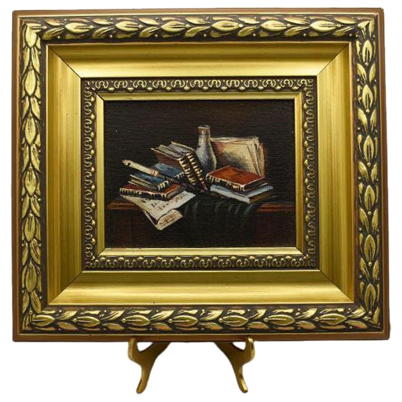 Framed Still Life Book Painting on Canvas in Gilt Frame with Stand