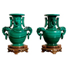 Pair Chinese Carved Malachite Vases with Loose Ring Handles, Republic Period