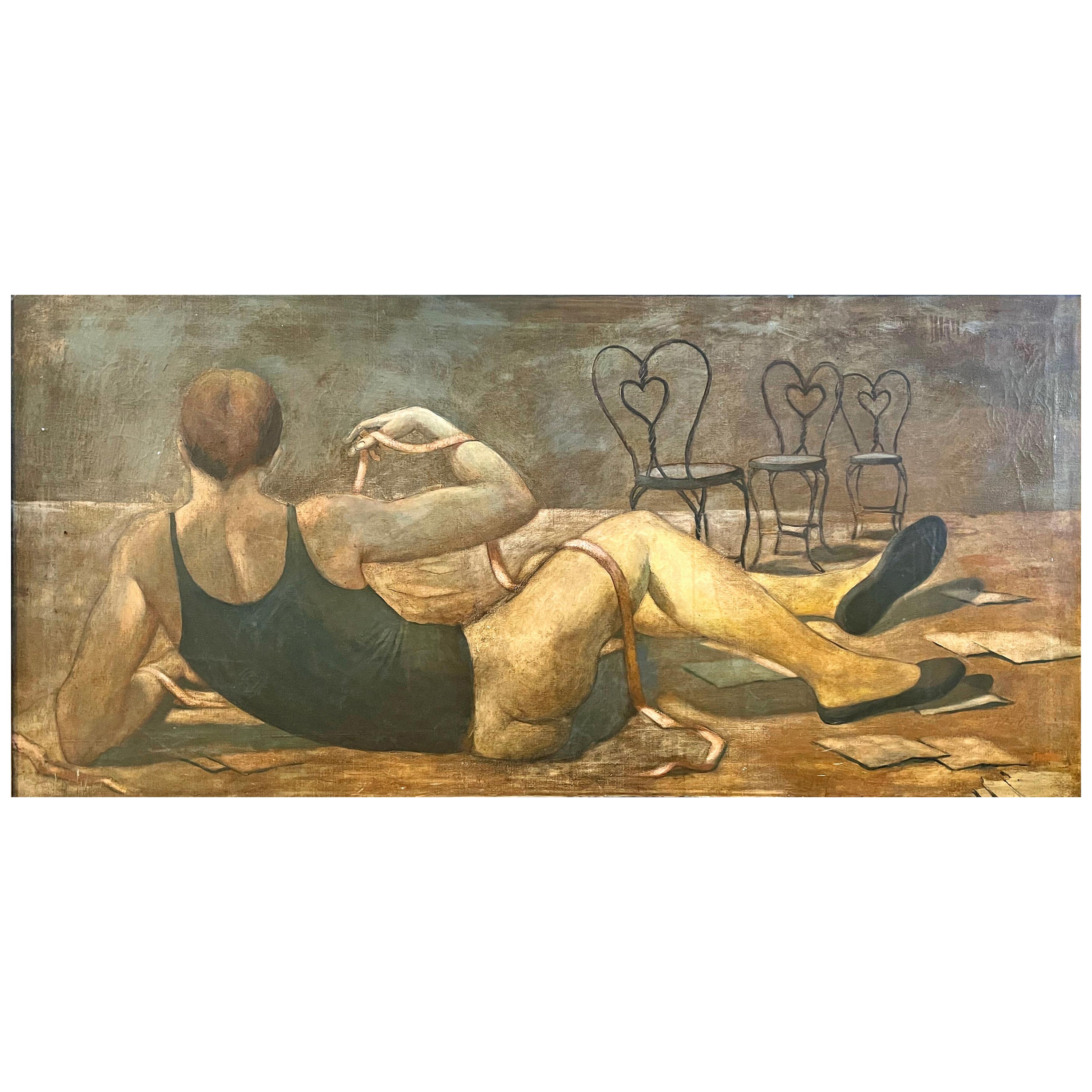 "Dancer at Rest," Large Painting of Half-Nude Male Ballet Dancer, Mid Century