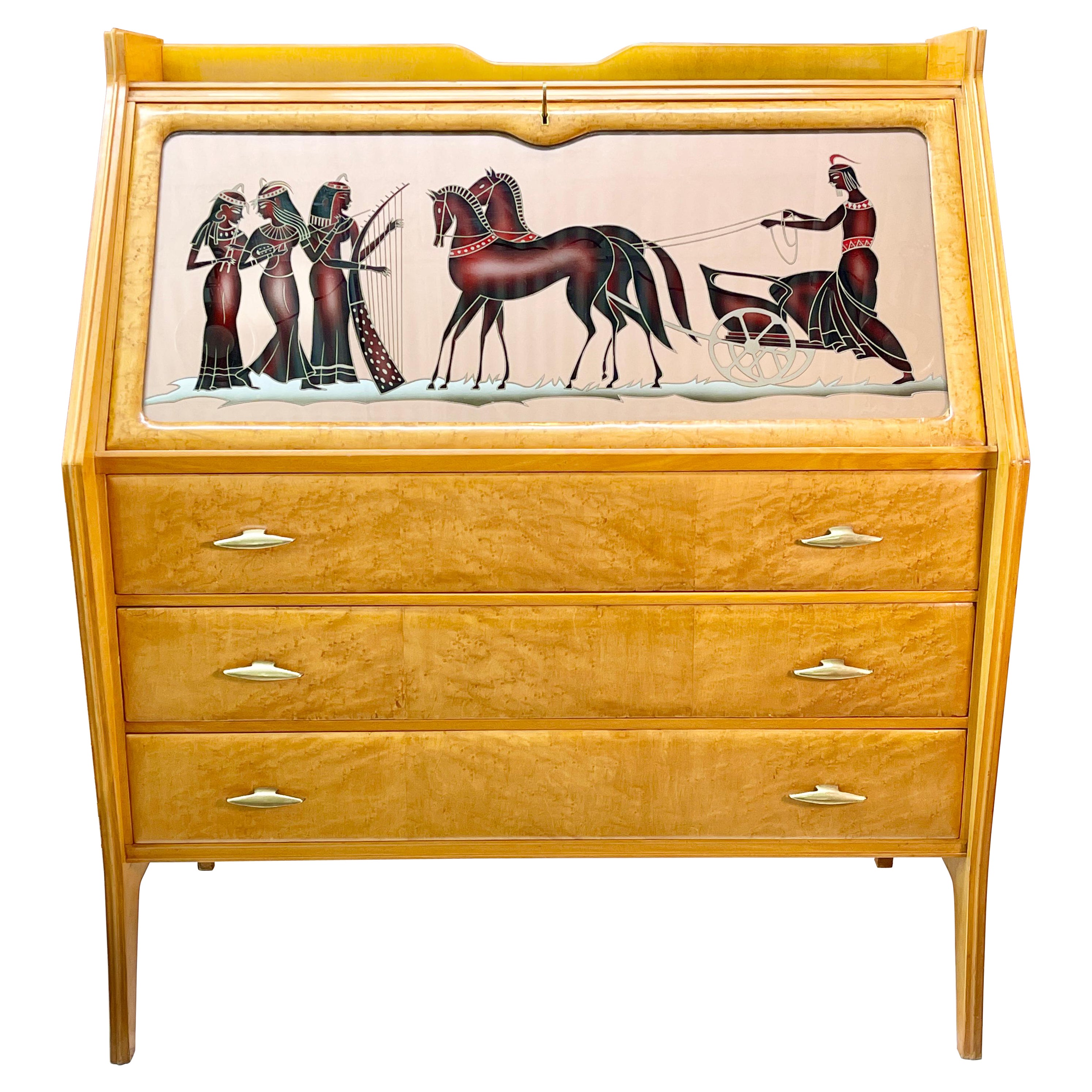 1940's Italian Secretaire with Reverse Painted Glass For Sale