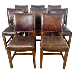 Set of Eight English Leather Dining Chairs W/ Nailheads