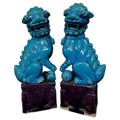 Vintage Pair of Chinese Turquoise Glazed Porcelain Mounted Foo Dogs #2