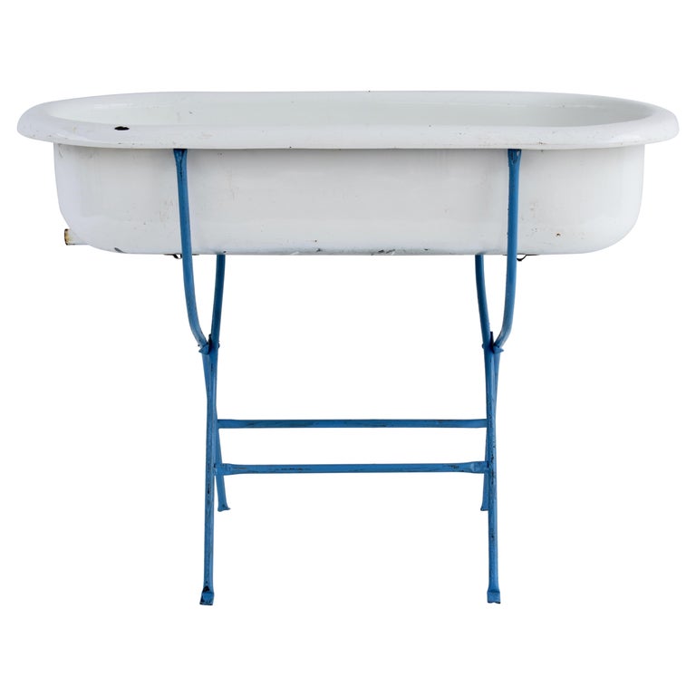 Vintage Porcelain Enamel Baby Bath on Wrought Iron Stand at 1stDibs
