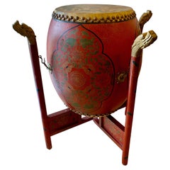 Chinese Lacquer Double Sided Qing Dynasty Drum with Wooden Stand and Drum Sticks