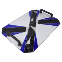 Retro Art Deco Blue Glass Geometric Drinks Tray, c1930