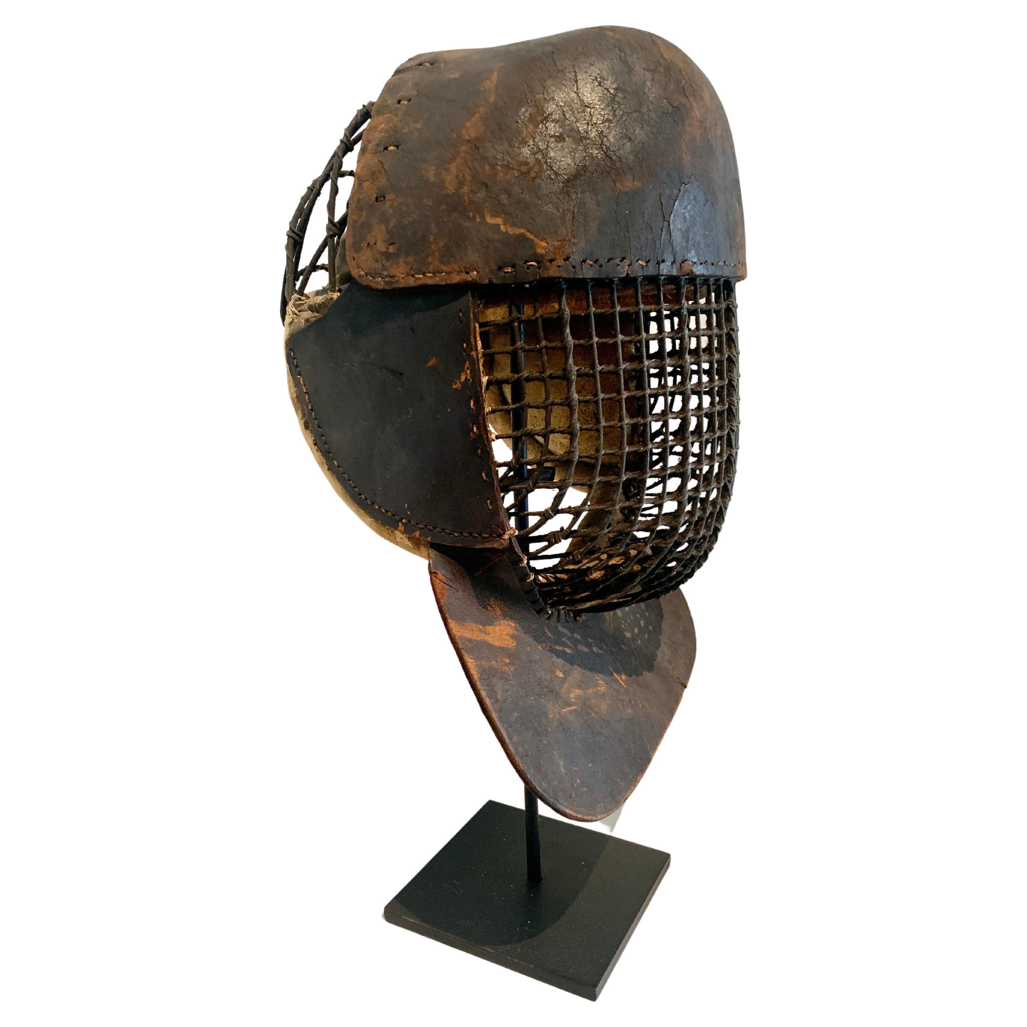 French Leather 19th Century Fencing Mask on Custom Iron Stand
