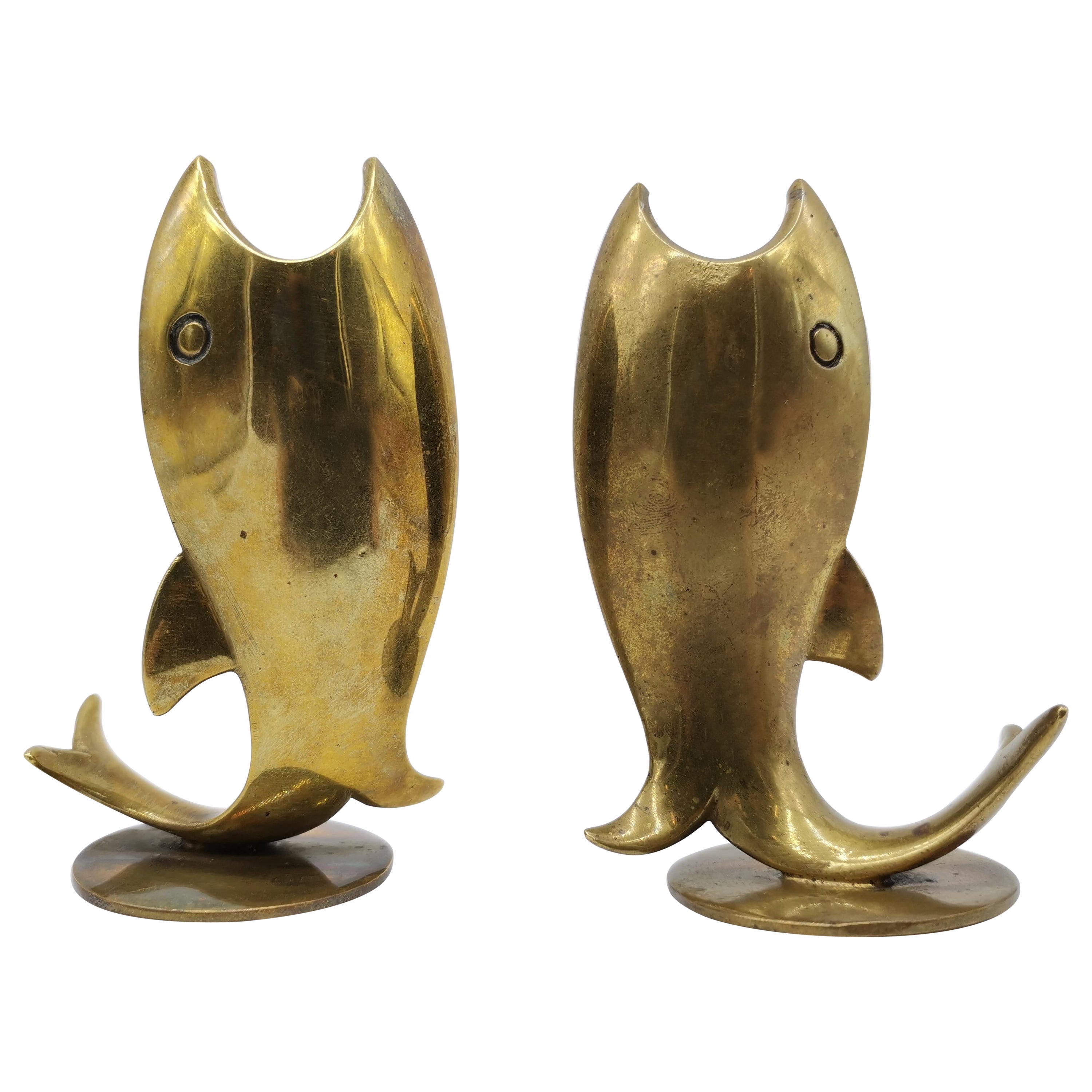 Two Candle Holders in Fish Look, Brass, by Richard Rohac Vienna, Austria