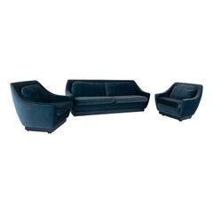 Set of Art Deco Style Velvet Blue Sofa and Two Lounge Chairs, the Netherlands