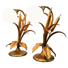 Hans Kogl Gilt Bulrush and Leaf Table Lamps with Globe