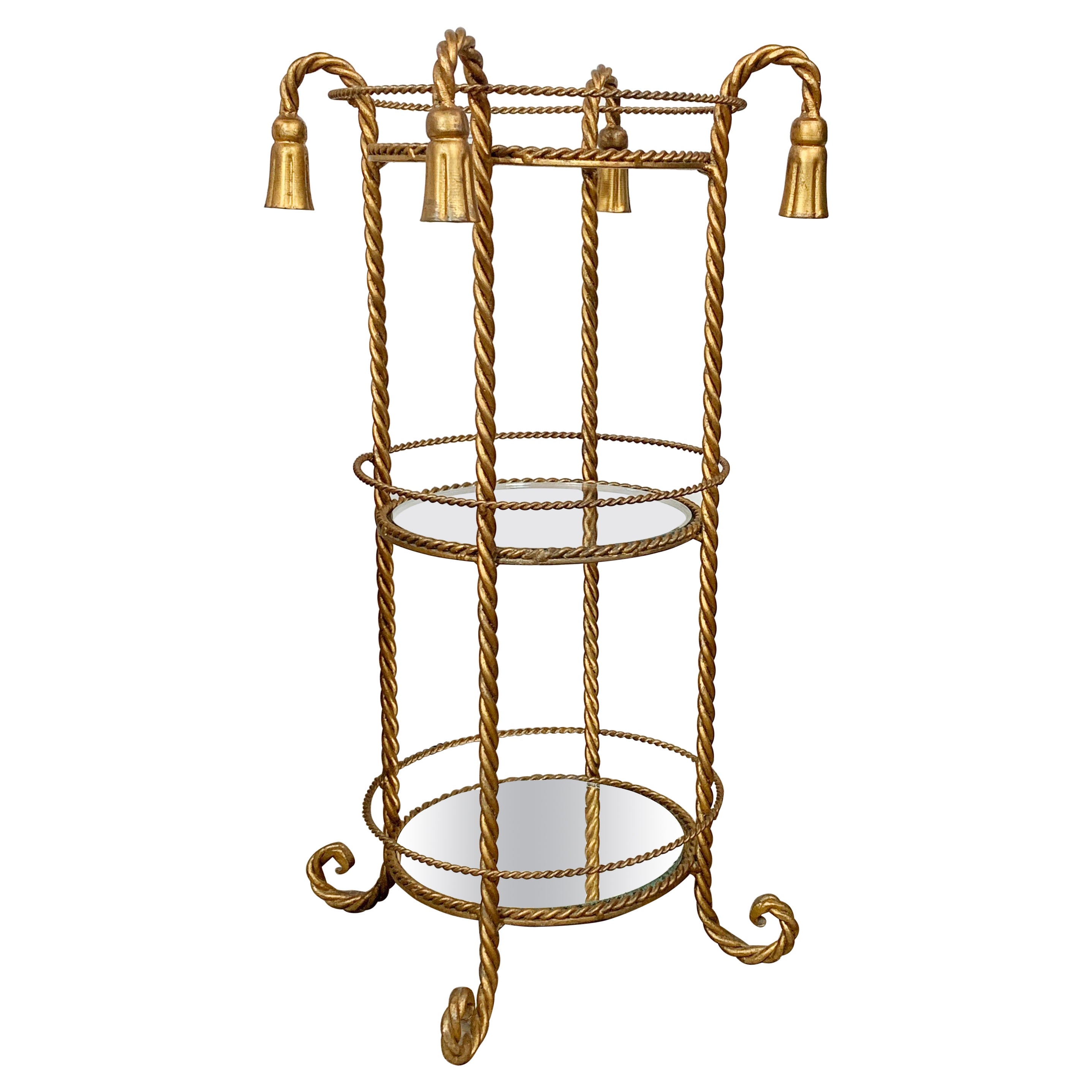 Italian Mid Century Triple Tiered Glass and Mirror Gold Tassel Stand