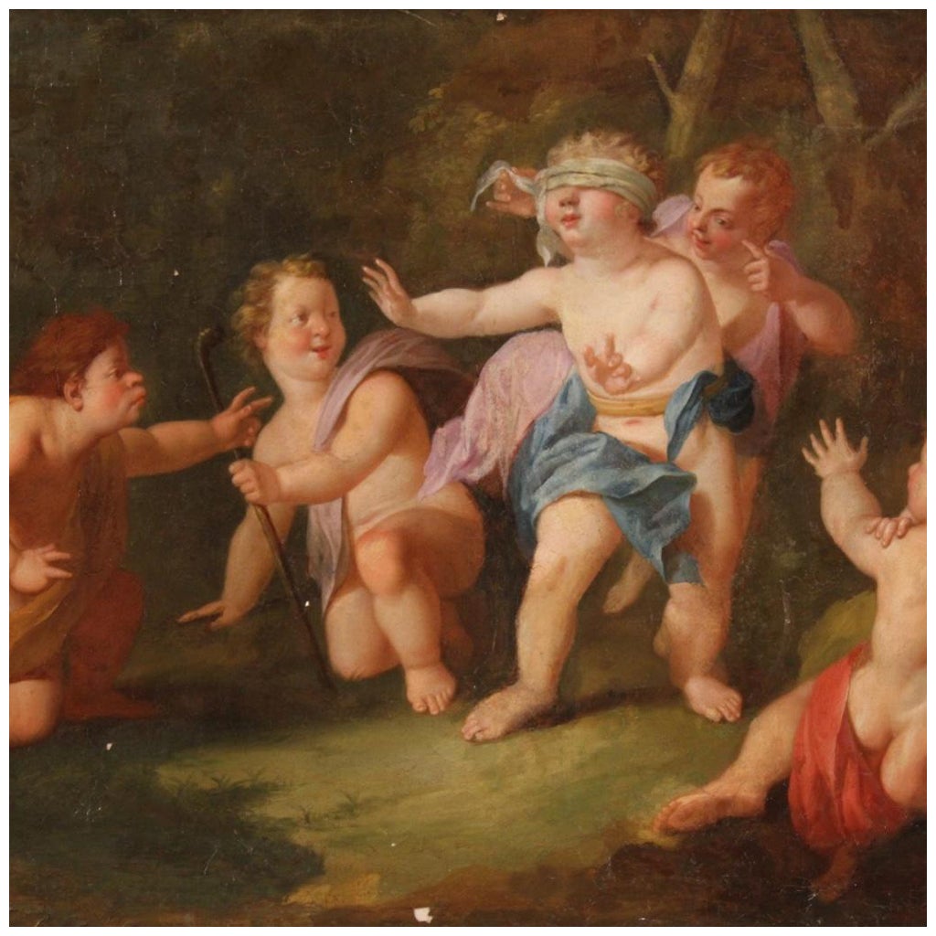 20th Century Oil on Canvas Antique Italian Painting Game of Cherubs, 1770
