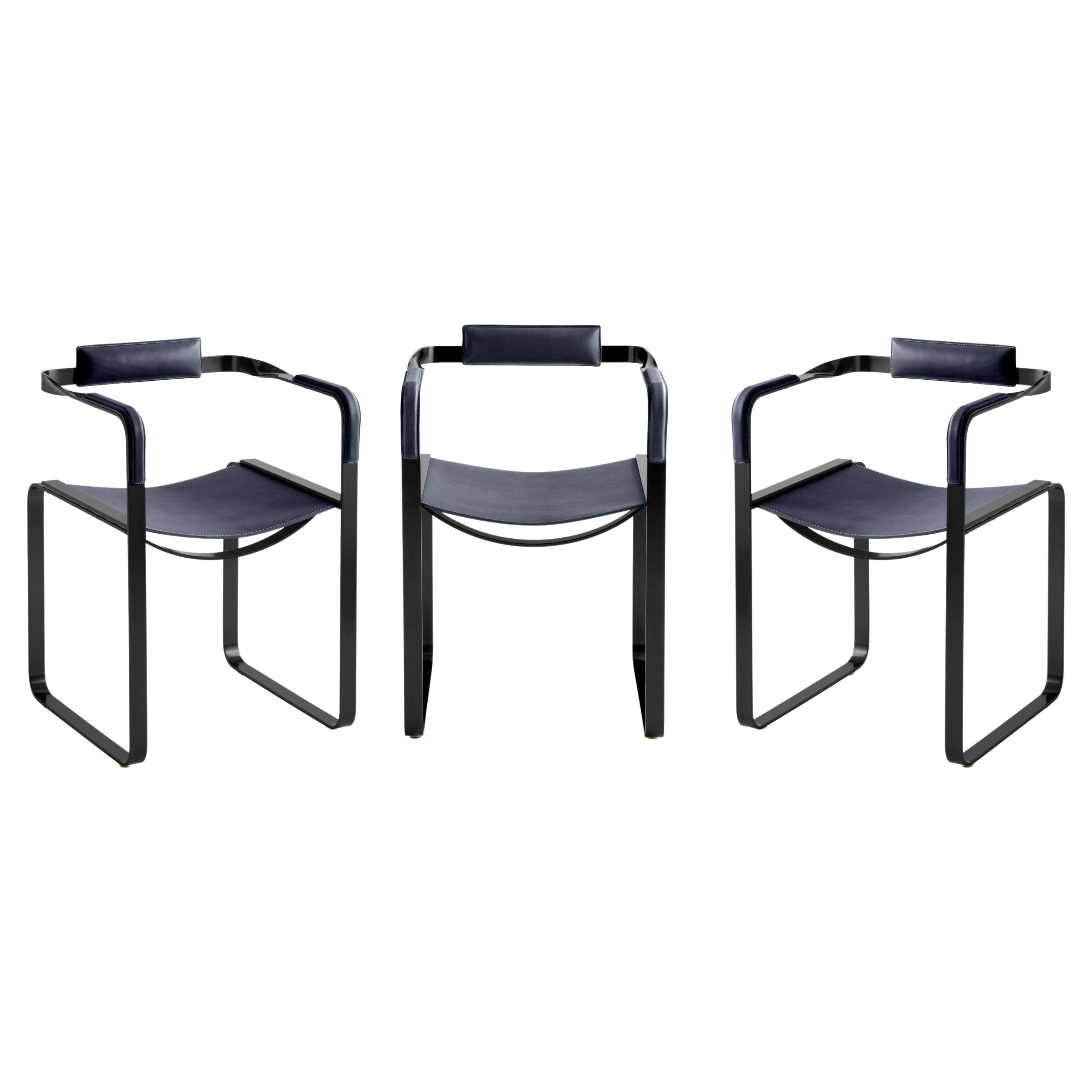 Set of 3 Armchair, Black Smoke Steel & Blue Navy Saddle, Contemporary Style