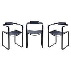 Set of 3 Armchair, Black Smoke Steel & Blue Navy Saddle, Contemporary Style