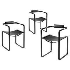 Set of 3 Armchair, Black Smoke Steel and Black Leather, Contemporary Style