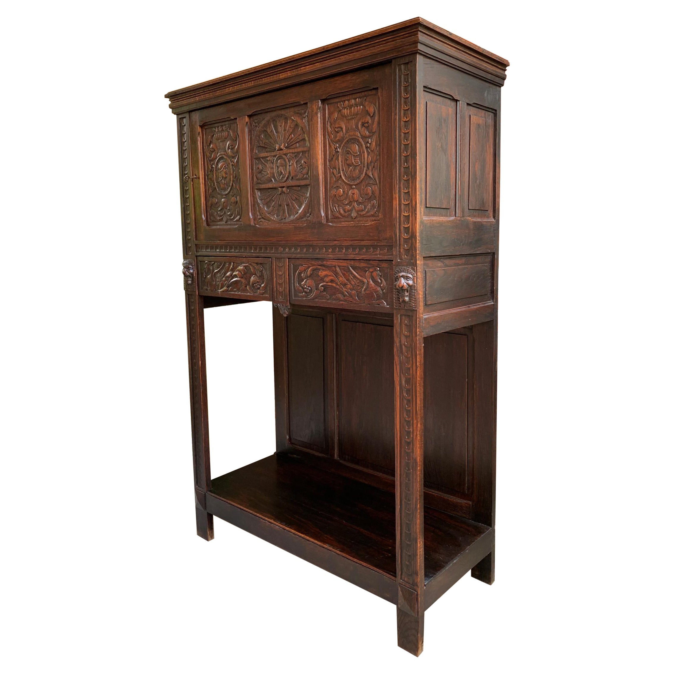 Antique French Carved Oak Renaissance Cabinet Bookcase Court Cupboard 19th C