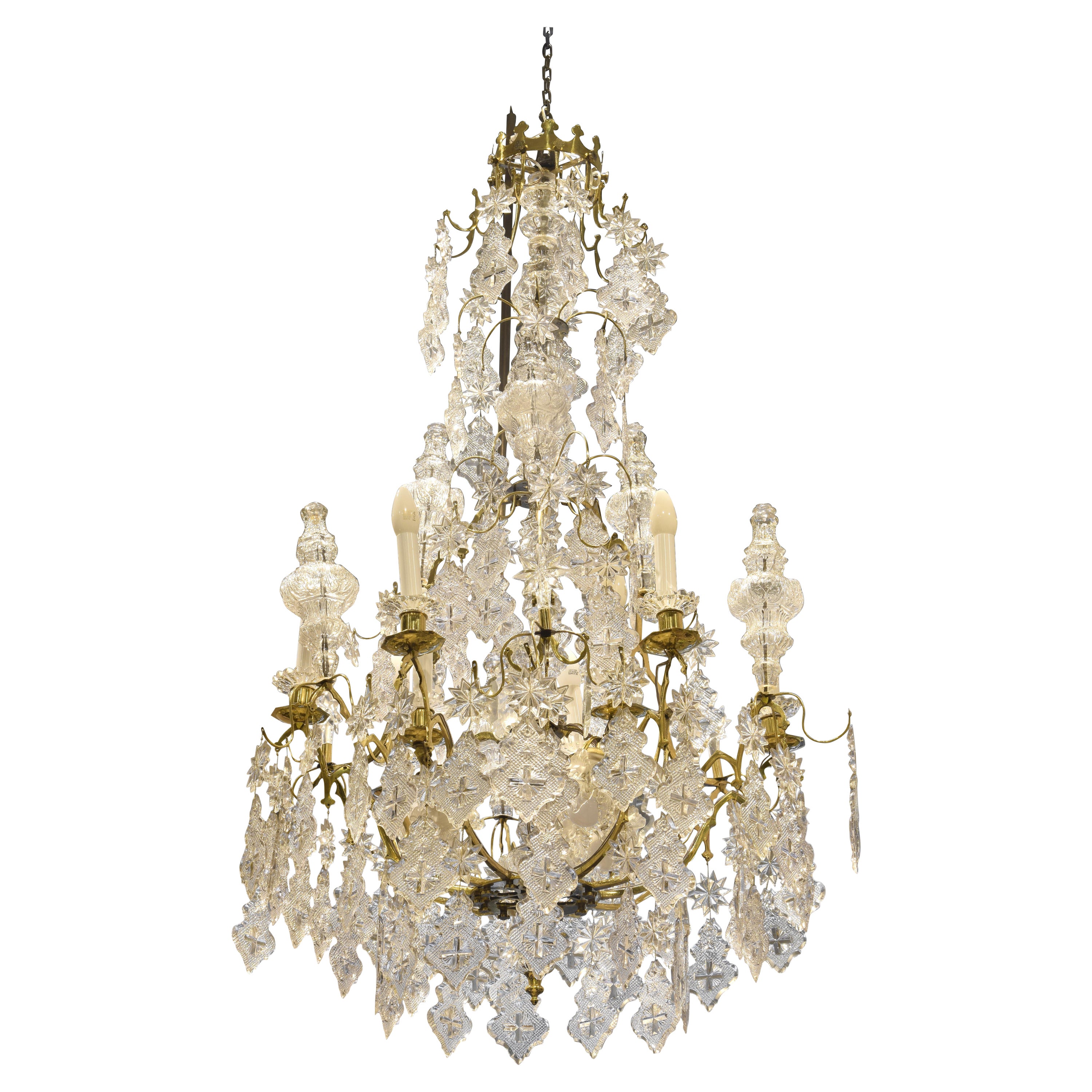 Louis XV Style Chandelier 12 Lights, Glass, Bronze, Baccarat, France, 19th C