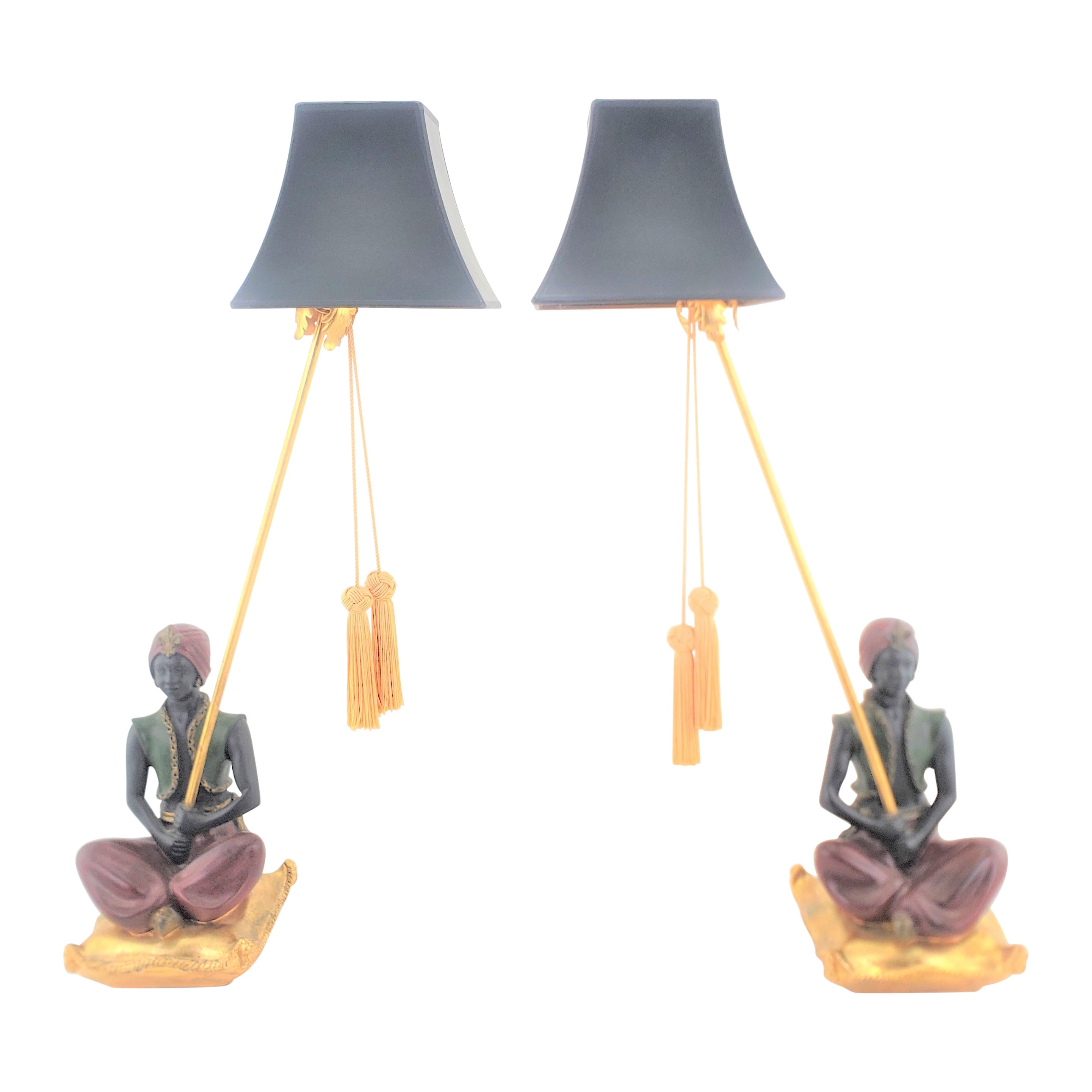 Pair of Art Deco Styled Figural Genie Princess Inspired Chalkware Table Lamps For Sale