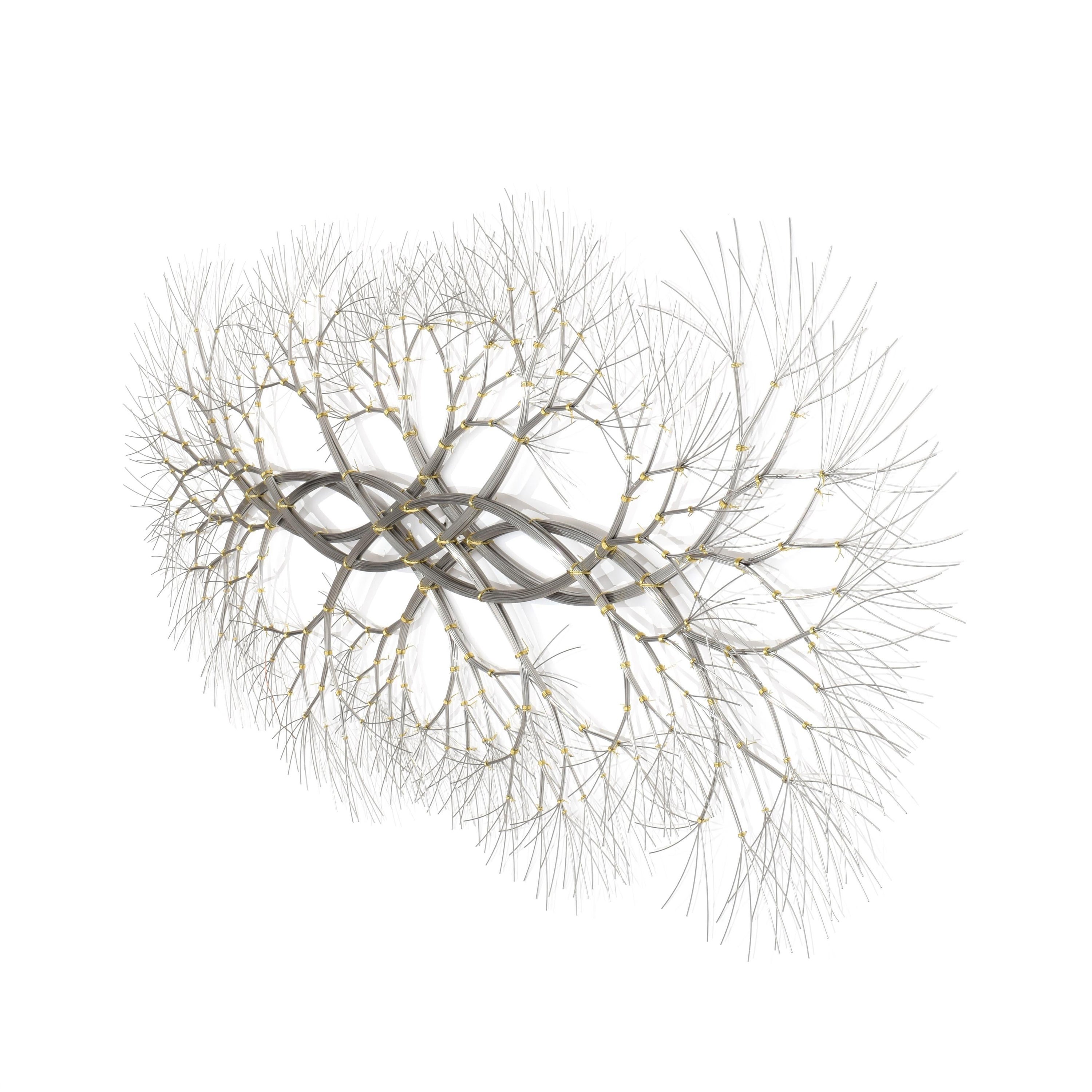 This metal wall mount sculpture is created using stainless steel wire. Kue uses an aesthetic reminiscent of trees, electricity, and light to create sculptures of peace and beauty. Adults and children alike see snowflakes, trees, flowers, ocean