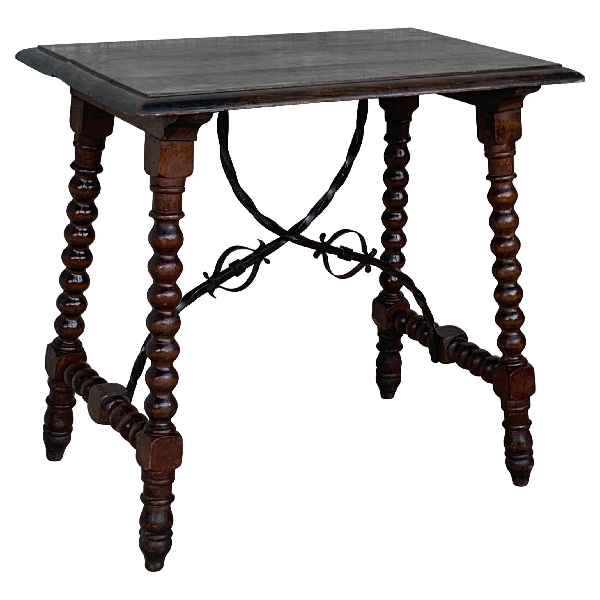 19th Spanish Walnut Side Table with Lyre Legs, Beleveled Top and Iron Stretcher