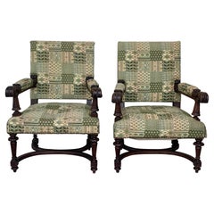 Antique Louis XVI Style Spanish Pair of Carved Walnut Armchairs, 1900s