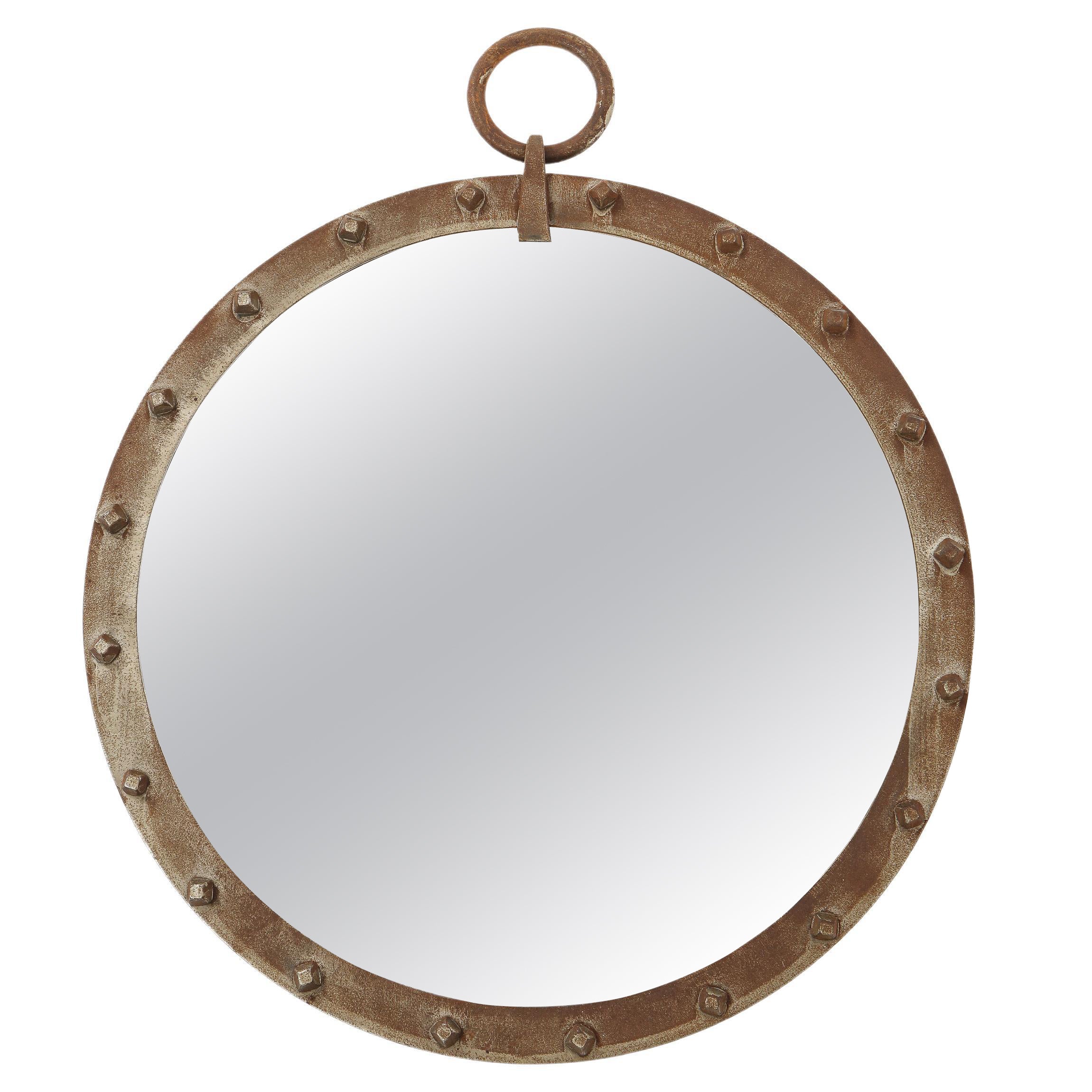 Small Round Porthole Style Hand Worked Steel Mirror, France 1960's For Sale