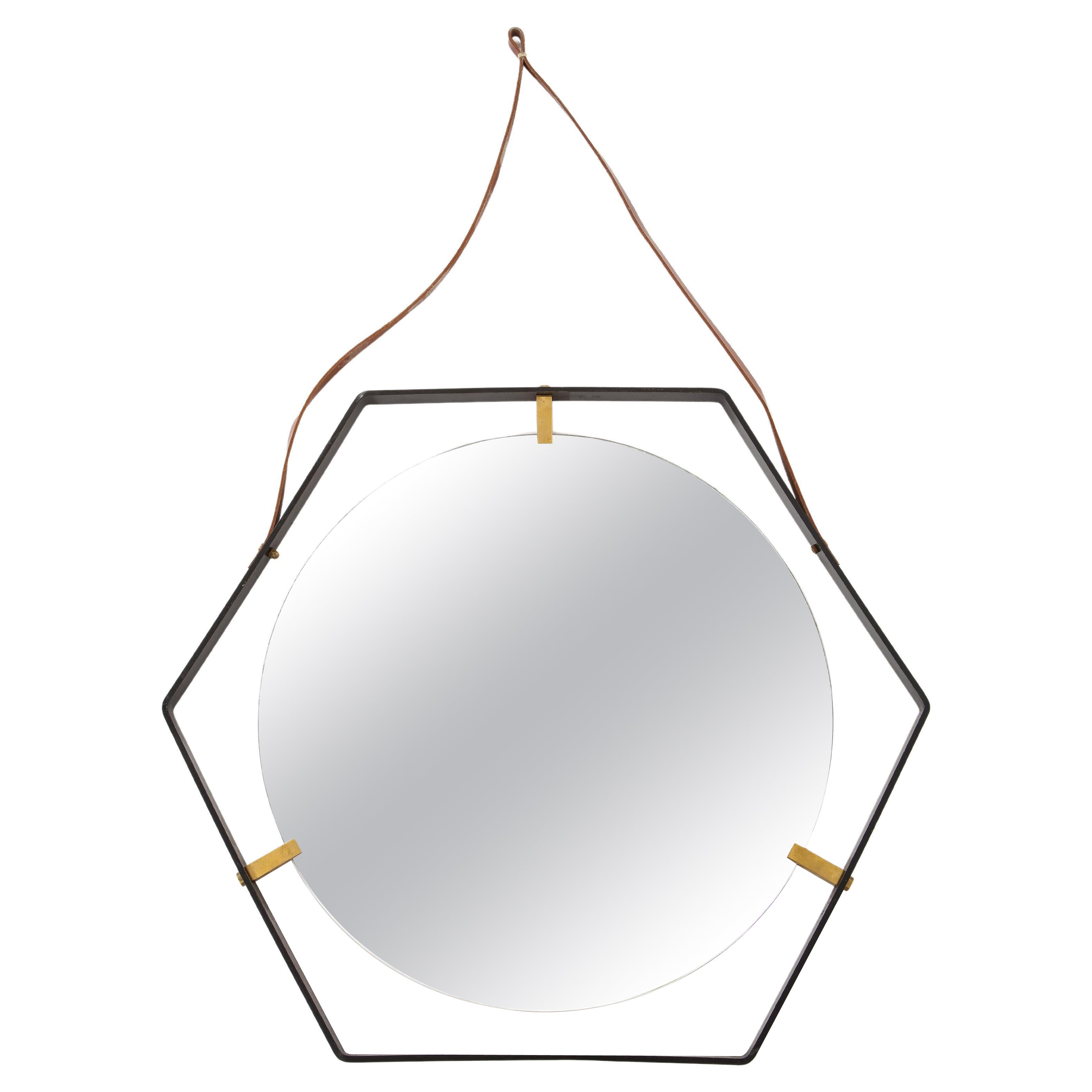 Octagonal Wrought Iron Mirror on Leather Strap, France 1960's
